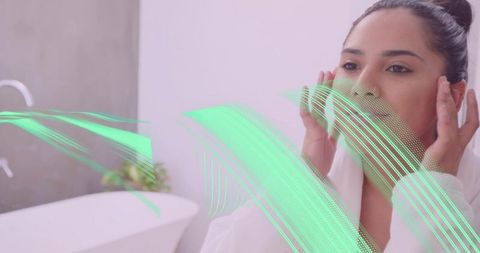 Modern beauty routine woman performing skincare in minimalist bathroom