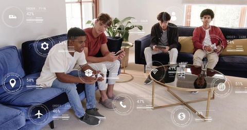 Friends playing video games in modern living room with hud overlays and smart devices