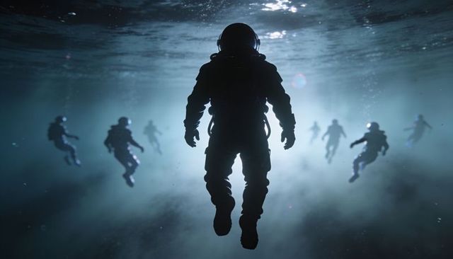 Underwater astronauts floating toward surface amid silhouetted crew and atmospheric light