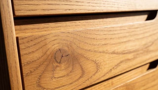 Showing warm oak drawer front featuring knot, small crack and recessed handle detail
