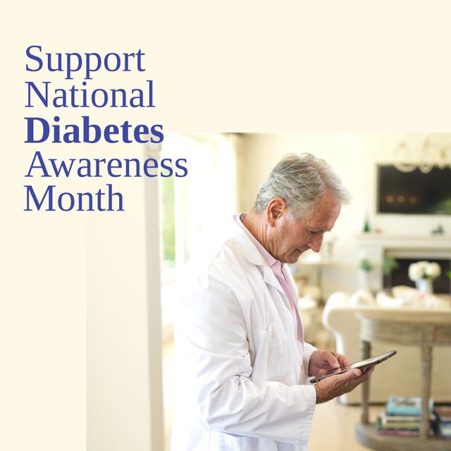 Senior male doctor using a tablet indoors to promote National Diabetes Awareness Month. Ideal for use in health campaigns, medical promotions, social media posts about diabetes care, and raising awareness for diabetes prevention and management.