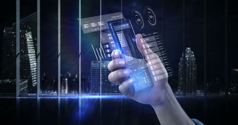 Futuristic smartphone with holographic display in urban cityscape