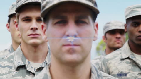 Focused Male Soldiers in Formation at Boot Camp