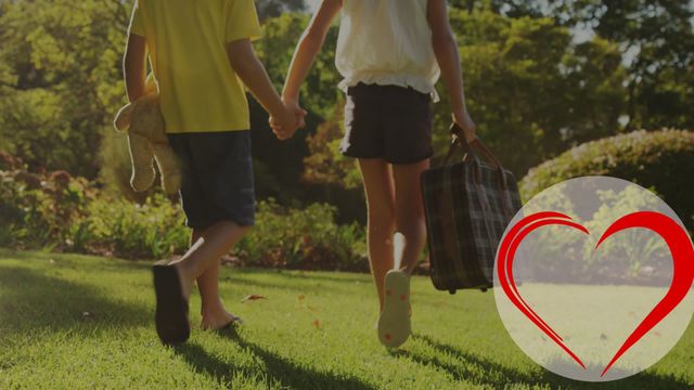 This image depicts a couple walking hand in hand through a sunny park, overlaid with a red heart icon, adding a romantic touch. This image is ideal for conveying themes of love and relationships, suitable for use in advertising campaigns related to dating apps, marriage services, anniversary celebrations, or romantic getaways. The surrounding greenery and sunlight enhance the sense of tranquility and the outdoors.