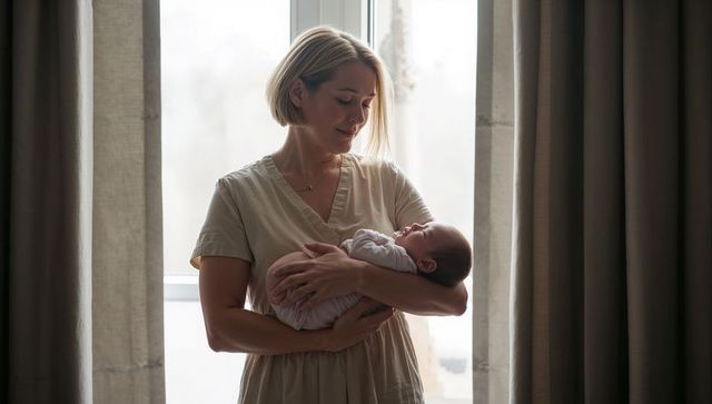 Mother cradling newborn by window in soft backlight, creating tender early bonding moment