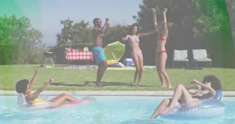 Young Friends Partying by Pool with Social Media Elements