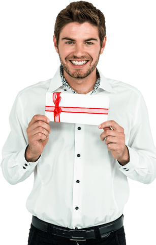 Transparent smiling man holding gift box with red ribbon