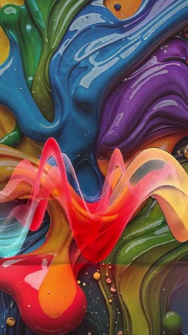 Vertical Waveform Shifting Across Vivid Liquid Paint Swirls and Ribbon Light Motion