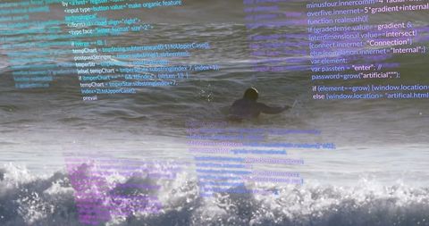 Surfer paddling through ocean waves with technology overlay