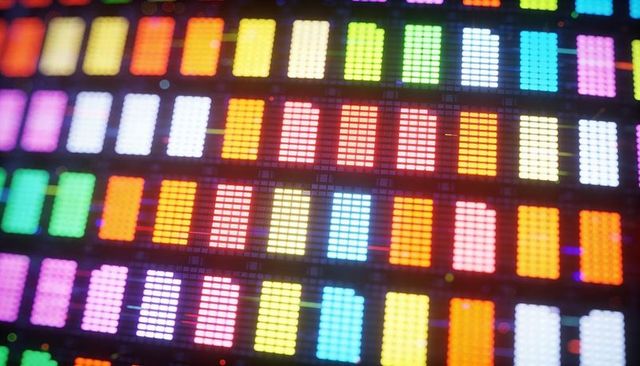 Colorful led matrix macro showing subpixel grid, vivid mosaic light columns, circuit