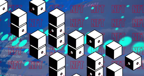 Digital Cubes and NFT Overlay Visualizing Tech Concept