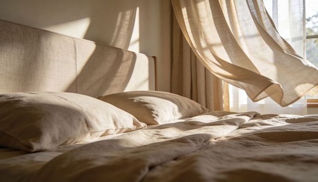 Sunlit neutral linen bedroom with flowing curtain, cozy unmade bed, textured headboard