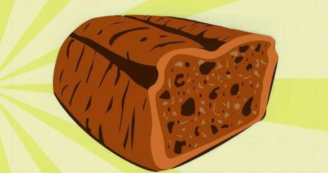 Stylized art of sliced brown nut bread on sunburst backdrop