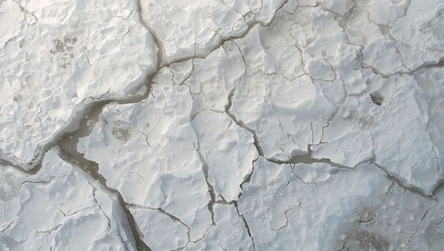 Fractured white salt crust forming irregular polygonal plates on dried lake bed surface