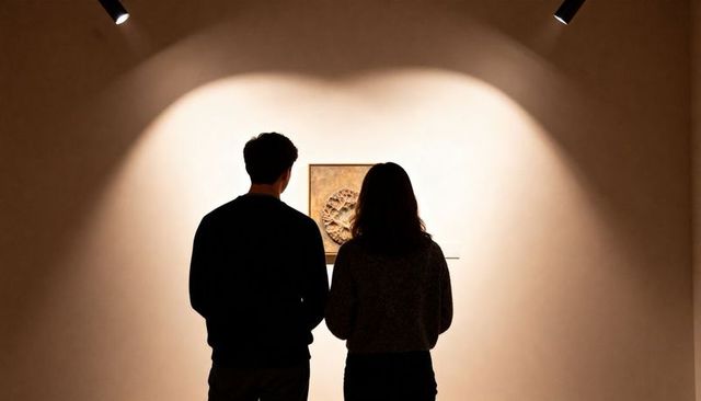 Silhouetted couple viewing illuminated relief art in quiet gallery