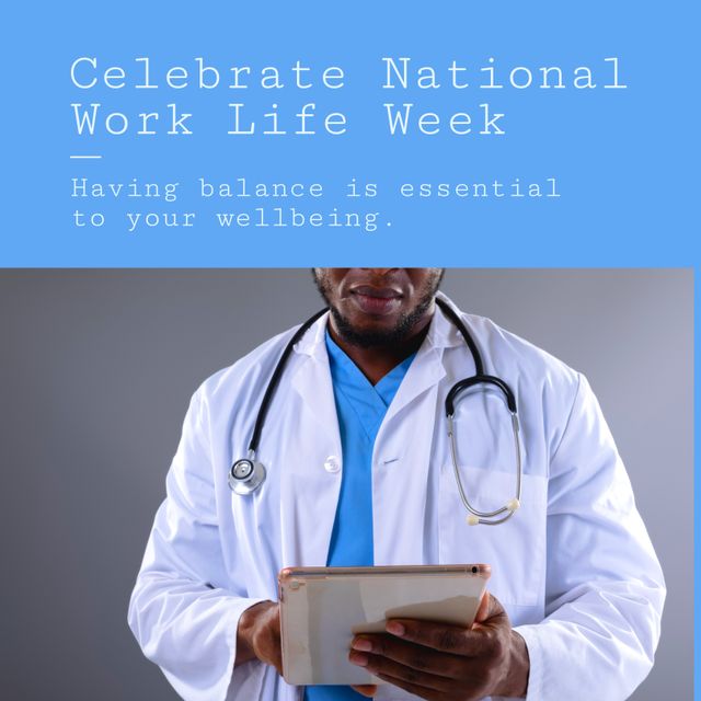 Image of national work life week over midsection of african american male doctor. Work, medicine and work life balance concept.