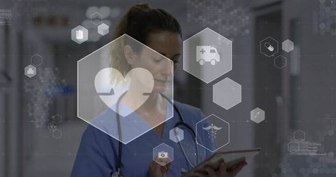 Nurse engaging with interactive health technology icons