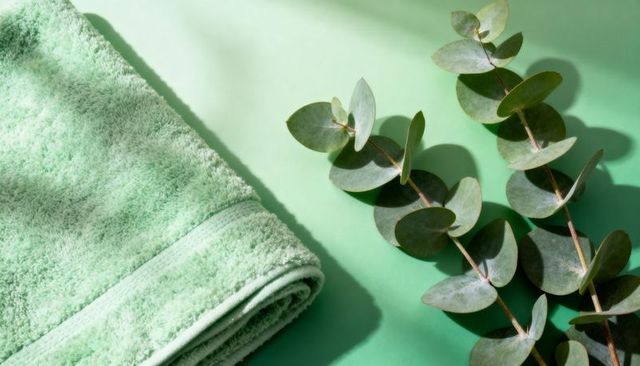 Mint terry towel and eucalyptus sprigs casting soft shadows, minimal spa flatlay