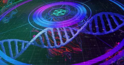 Futuristic DNA Double Helix Above Holographic Grid Interface