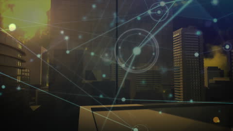 Futuristic Network Connections Over Cityscape at Sunset