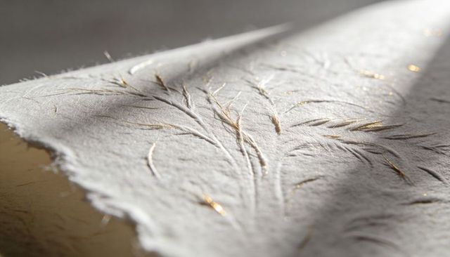 Handmade textured paper featuring embossed botanical veins, natural fibers and gold flecks