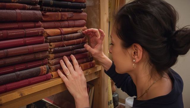 Woman arranging vintage leather notebooks on wooden shelf, archivist handling ledgers