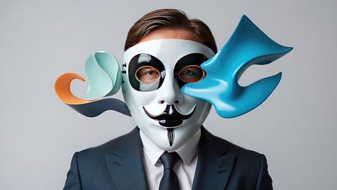 Bank robber in suit wearing surreal glossy mask with colorful ribbons