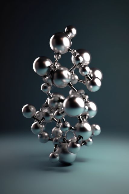 Silver atoms forming molecular structure, created using generative ai technology. Science, nature, matter, model and structure concept digitally generated image.