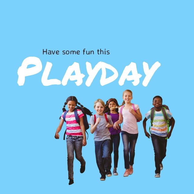 Composite of playday text with smiling multiracial girls and boys running over blue background - Download Free Stock Videos Pikwizard.com
