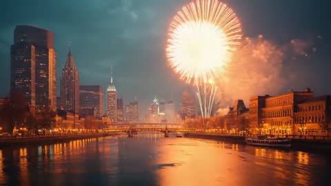 Fireworks Display Brightening City Skyline at Night