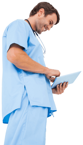 Confident Doctor Reviewing Patient Data on Digital Tablet Transparent Background