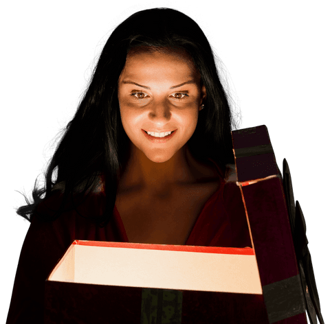 Woman glowing with joy opening transparent gift box