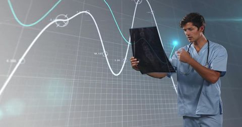 Doctor Analyzing X-Ray Hologram and Financial Graphs Background