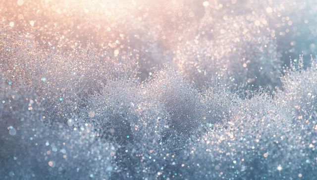 Glittering hoarfrost crystals catching warm sunrise bokeh, icy macro sparkle