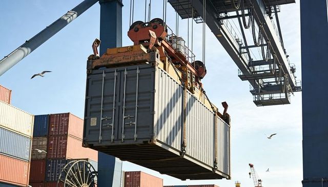 Gantry crane lifting weathered intermodal shipping container at busy port terminal