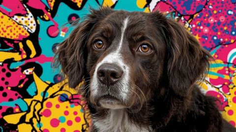 Brown and white dog portrait against colorful graffiti art