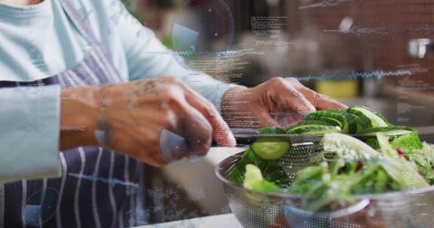 Senior indian home cook slicing cucumber for salad with smart kitchen data overlay