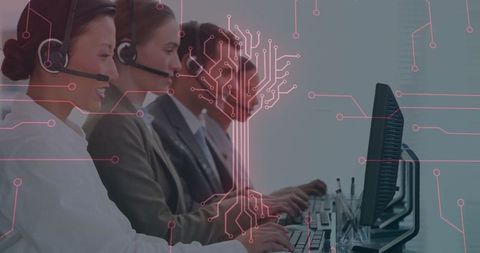 Customer service team with digital communication overlay
