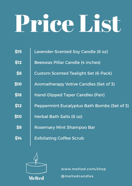 Price list for various candle and bath products including lavender-scented soy candles, beeswax pillar candles, aromatherapy tea light candles, and rosemary mint shampoo bar. Useful for creating shop flyers, promotional materials, or in-store signage.