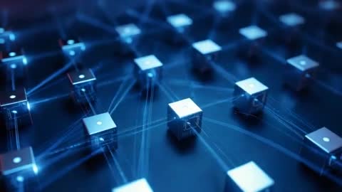 Cube node network pulsing and routing data across glowing blue filaments