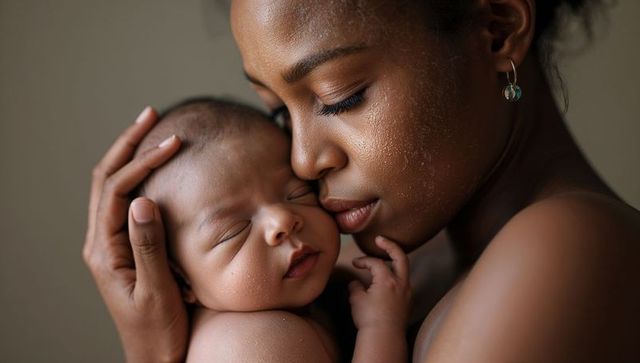 Cradling newborn, mother pressing nose to baby, intimate skin-to-skin bonding portrait