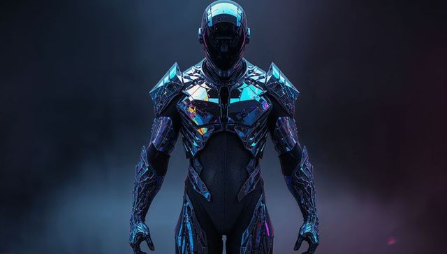 Standing armored exosuit wearing iridescent cyberpunk helmet in dark haze