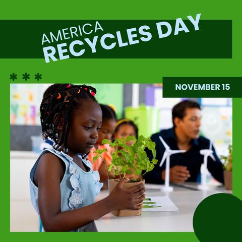 African American Schoolgirl with Plant Celebrating America Recycles Day - Download Free Stock Templates Pikwizard.com