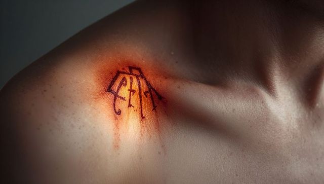 Closeup scripted sigil scar on collarbone with blood streaks, studio-lit detail