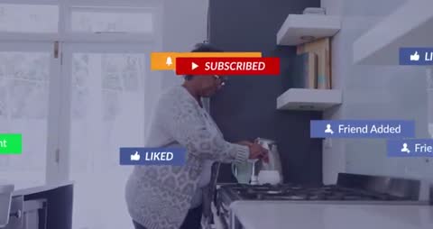 Woman in Kitchen Interfacing with Virtual Social Media Updates