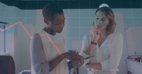 Analytical Work Meeting with Chart Overlay in Modern Office