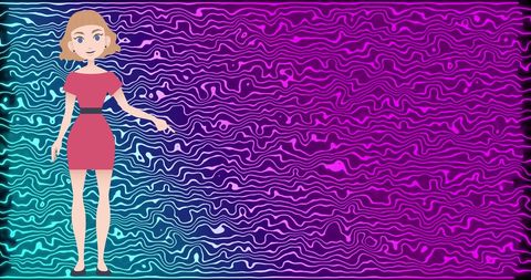 Cartoon woman on vibrant wavy abstract background