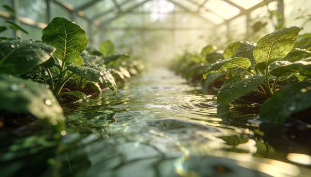 Flowing hydroponic channel reflecting sunlight with glistening leafy greens in greenhouse