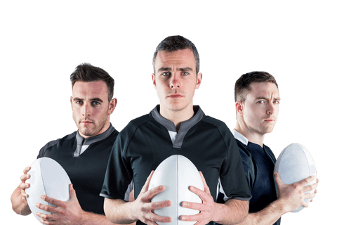 Transparent trio of rugby players focused and determined