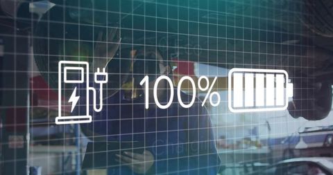 Technician examining electric vehicle with digital battery icons